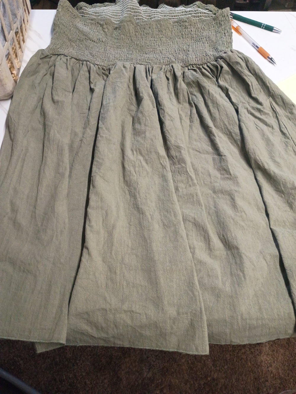 Olive Green Smocked Waist Flowing Midi Skirt - Picture 3 of 5